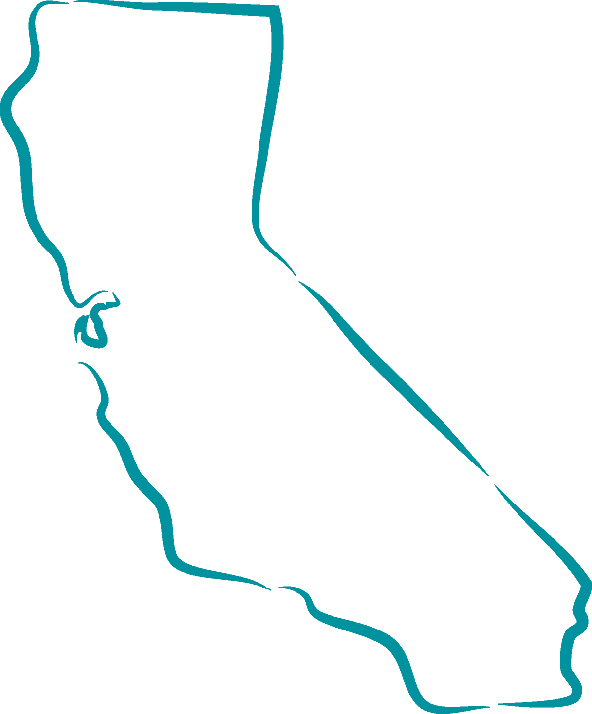 This is a teal illustrated outline of the state of California.