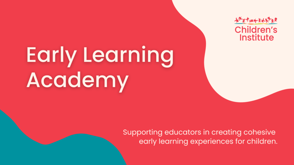 This is an image of the first presentation slide for the Early Learning Academy pitch with Promise Ventures. It has a red background, blue and white blob designs, and text introducing the early learning academy.