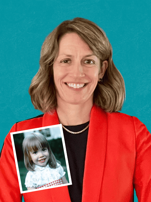 An image of Emily Gilliland, children's Institute's chief Operating Officer. Emily has shoulder length, sandy brown hair, is smiling and is wearing a red blazer jacket, with a black shirt underneath and a simple, gold necklace.