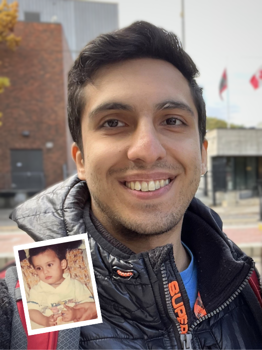 Rashid Aziz is the Research Associate for Children's Institute. He is smiling and standing in front of a building with his child photo in the left, bottom corner.