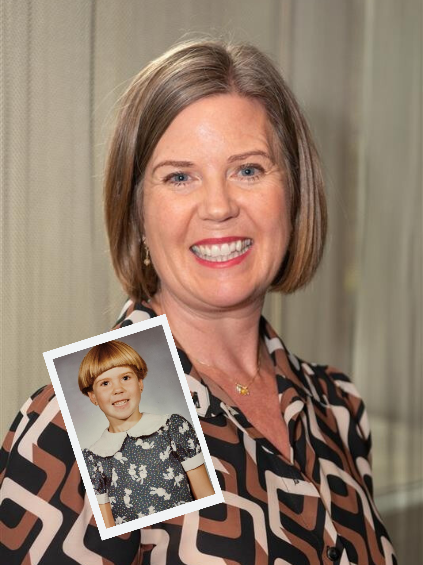 A woman with brown hair smiles and a photo of her as a child is inset into the larger image of her as an adult